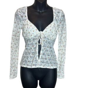 Self esteem lace floral babydoll long sleeve open front top stretch feminine